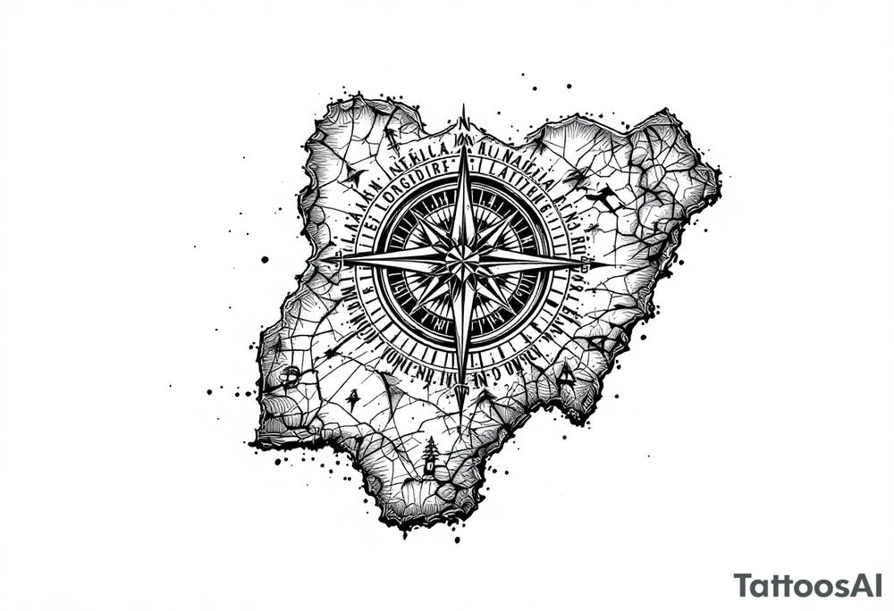 Compass on the back of the palm in the shape of Nigeria with longitude written on the top and latitude written on the bottom. tattoo idea