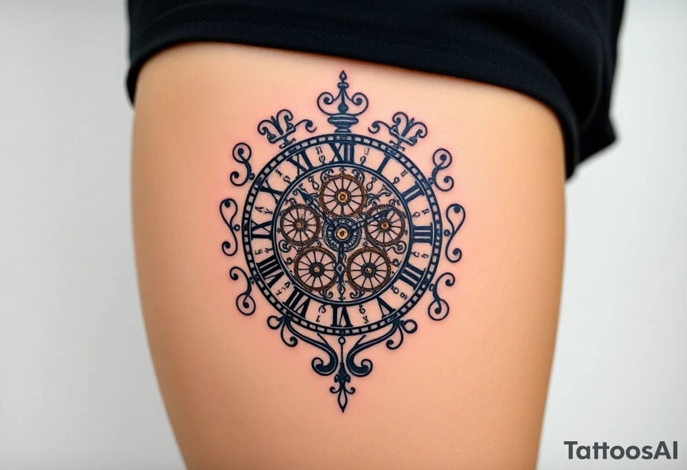 vintage roman numerals within ornate clockwork mechanism tattoo idea