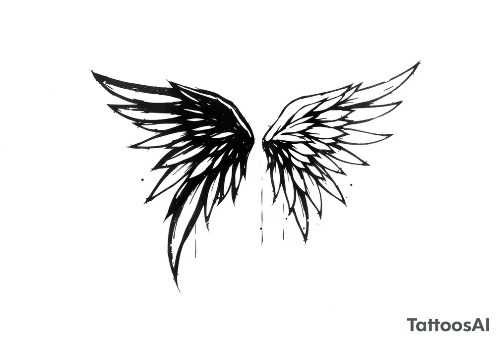 This tattoo design features a pair of asymmetrical angel wings drawn in black ink with a rough, sketch-like style. The left wing is darker, more defined, and appears denser, while the right wing is lighter, more delicate, and fragmented, creating a contrast between the two. The feathers are sharp and irregular, with fine lines and stray strokes extending outward, adding a raw and artistic feel. The overall look is dynamic and slightly chaotic, giving the impression of movement or an unfinished, ethereal form. This design symbolizes duality, freedom, transformation, or even struggle, making it a meaningful and visually striking tattoo. tattoo idea