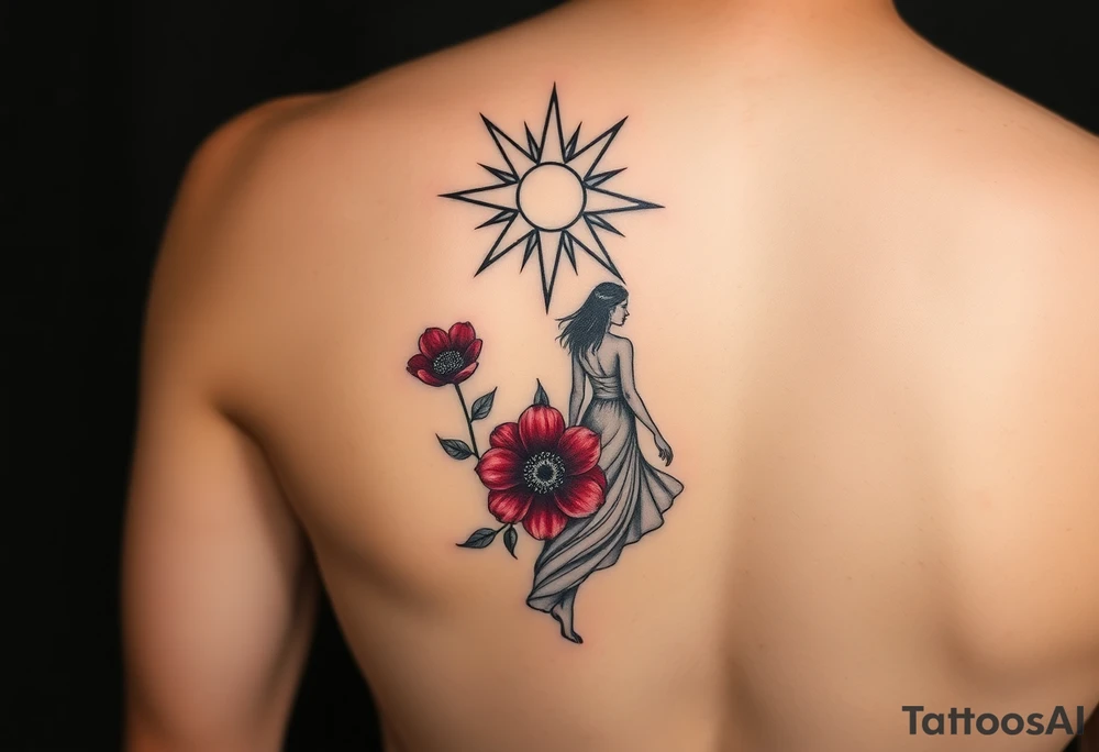 A highly artistic tattoo design with a central focus on a radiant star, symbolizing guidance and empowerment. Below the star, a deep crimson arghaman flower (scarlet flower) blooms gracefully, representing beauty and resilience. To the side, a free-spirited woman walks barefoot, embodying feminine strength and absolute freedom. The composition should evoke a sense of empowerment and liberation, with flowing lines and a dreamy, poetic atmosphere. The style should be artistic rather than hyper-realistic, with fine details, elegant line work, and a slightly abstract touch. The overall aesthetic should feel timeless, expressive, and deeply meaningful, capturing the essence of feminine power and freedom. tattoo idea