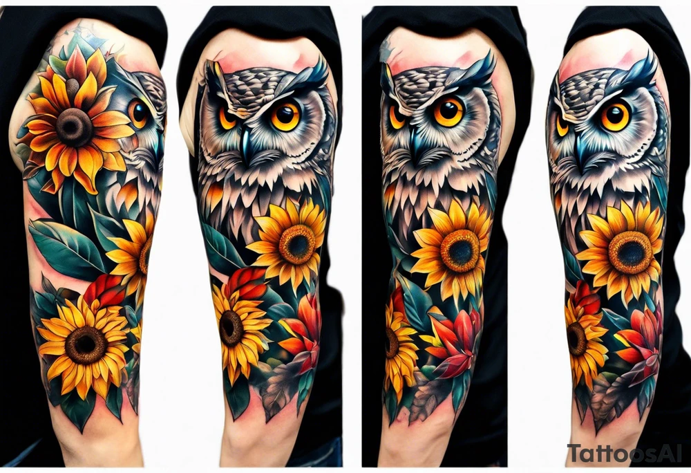Sleeve with an owl, sunflower and butterfly tattoo idea