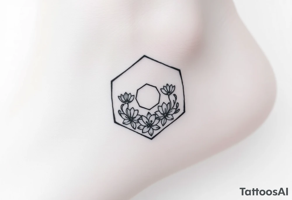 Hexagon with a constellation sign for Leo, larkspur and water lilies in the center tattoo idea