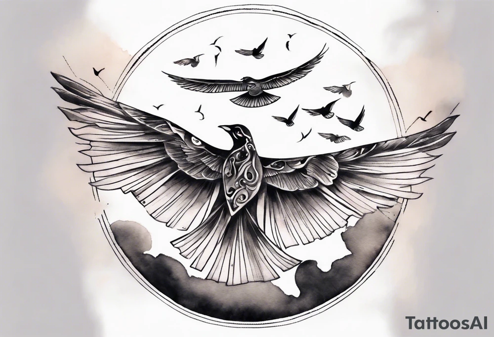 a shoulder round shape tattoo with lots of rays of light in gradient starting from the middle
, clouds and birds flying free tattoo idea