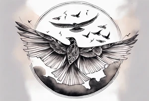 a shoulder round shape tattoo with lots of rays of light in gradient starting from the middle
, clouds and birds flying free tattoo idea