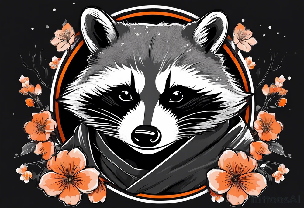 Raccoon wearing a white Superman logo on a black hoodie and orange Japanese cherry blossoms beside tattoo idea