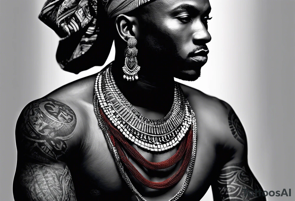 Black-skinned bald african warrior. He wears a simple and small silver crown. He uses two simple necklaces: one blue, other red. tattoo idea
