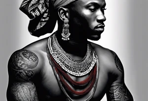 Black-skinned bald african warrior. He wears a simple and small silver crown. He uses two simple necklaces: one blue, other red. tattoo idea