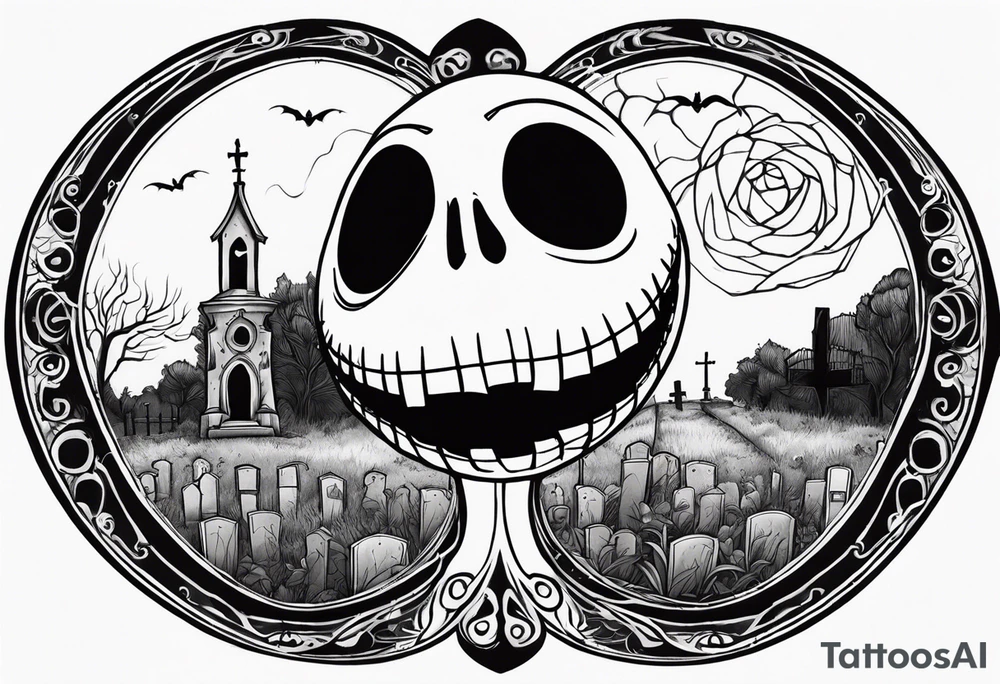 jack skellington face with little cemetery details on back tattoo idea