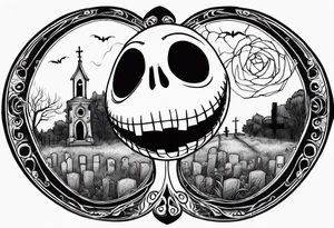 jack skellington face with little cemetery details on back tattoo idea