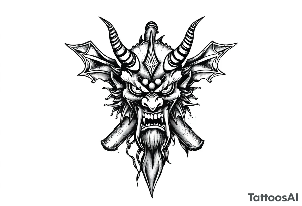 Abstract asterisk with a Japanese folklore demon from old times tattoo idea