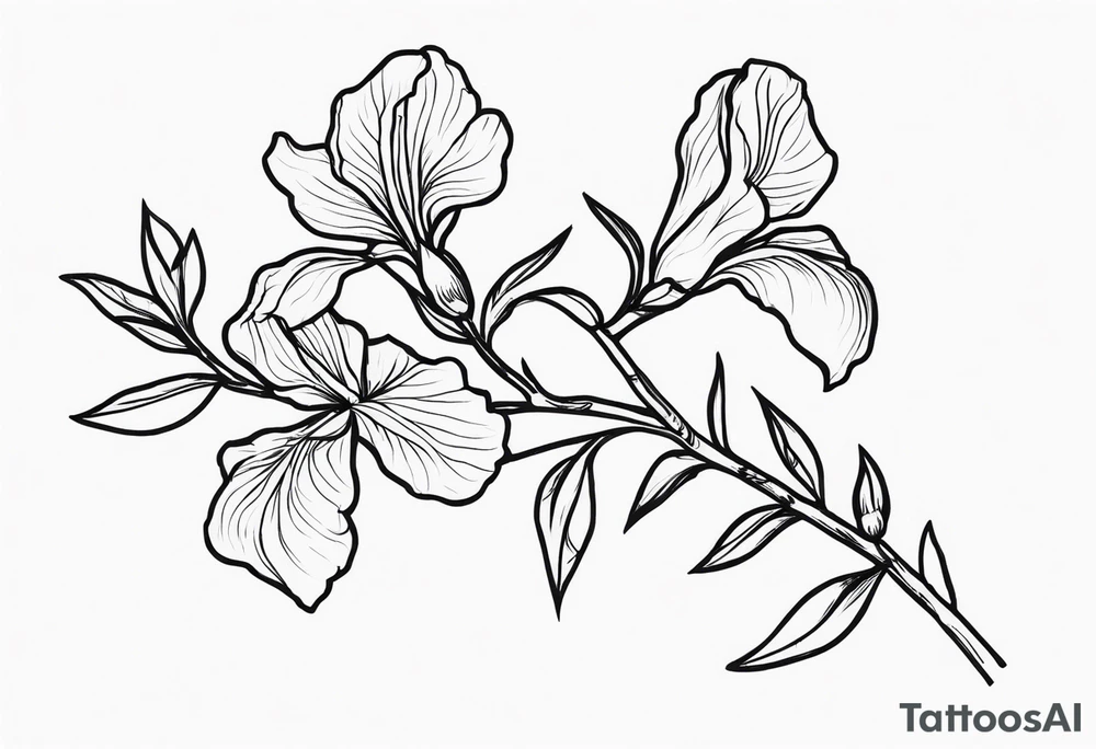 Laurel branch with iris flowers tattoo idea