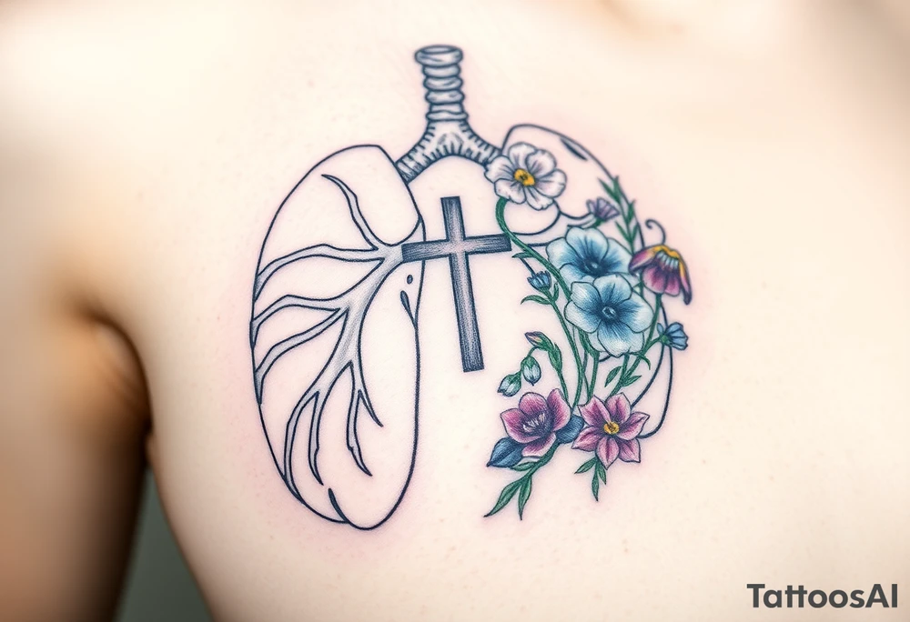 tattoo with skeleton lungs
: one side representing death and the other life. (from death to life) with a simple cross down the middle. The life side I'd like the following flowers growing out of it: Morning Glory, Lily of the Valley, Daffodil, Rose, Poppy, and Iris tattoo idea