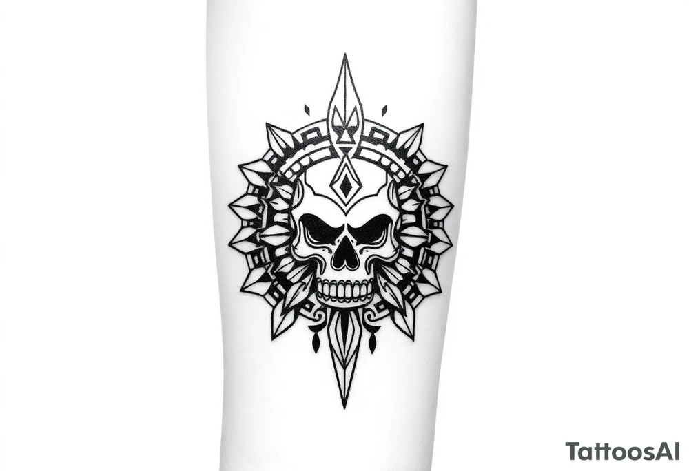 Create a mexican Aztec tattoo meant for the inner bicep, with the main theme of life and death but make sure to make it subtle as this theme should not be the main focus of the tattoo the mexican Aztec part is the main thing tattoo idea