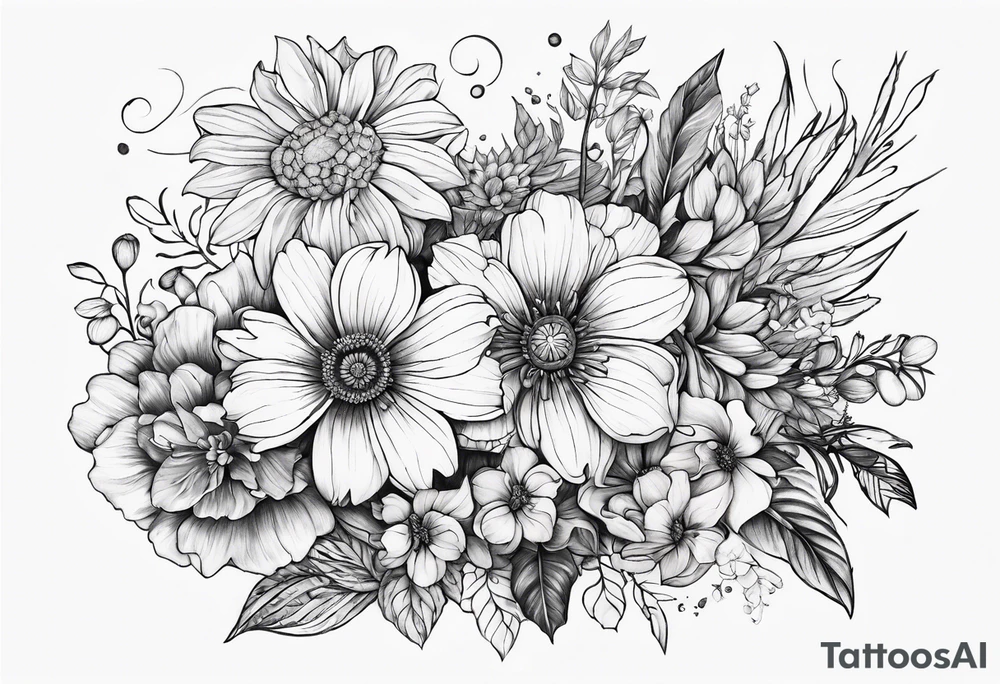 Birth flower bouquet with month’s January, May, November and December tattoo idea
