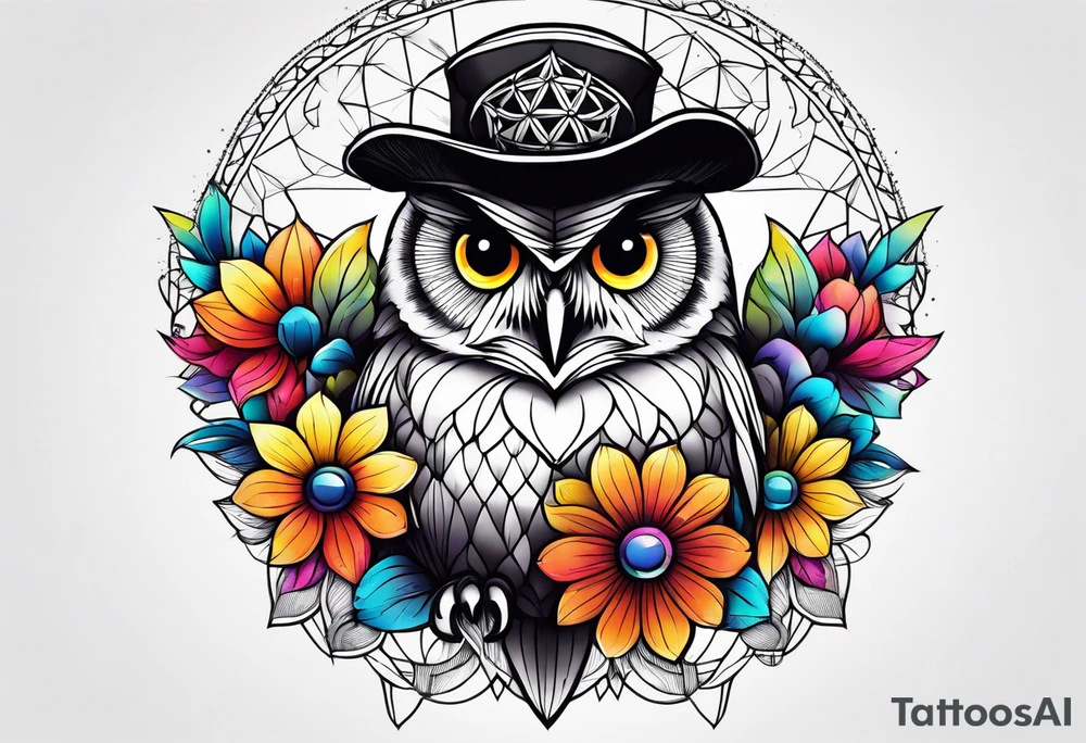 Owl rainbow pirate hat geometric flower of life flowers tattoo idea