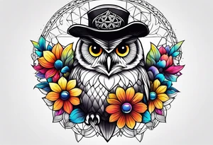 Owl rainbow pirate hat geometric flower of life flowers tattoo idea