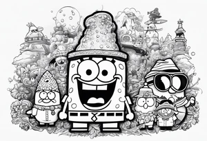 Black and white cartoon of SpongeBob SquarePants and the South Park characters tattoo idea