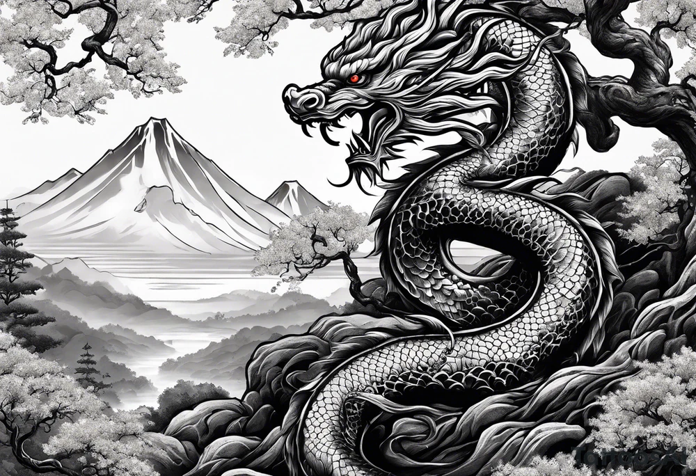 Black poison tree with shadowy japanese dragon tattoo idea