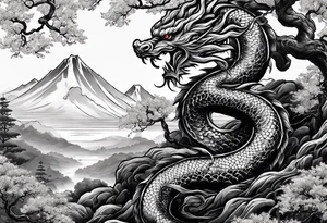 Black poison tree with shadowy japanese dragon tattoo idea