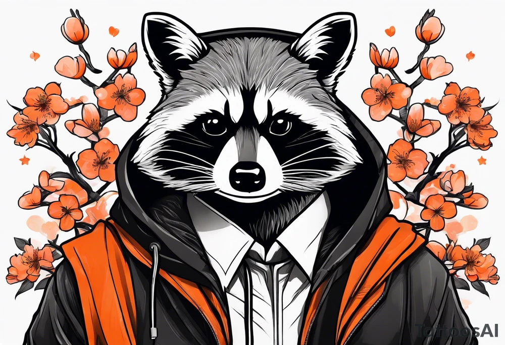 Raccoon wearing a white Superman logo on a black hoodie and orange Japanese cherry blossoms tattoo idea