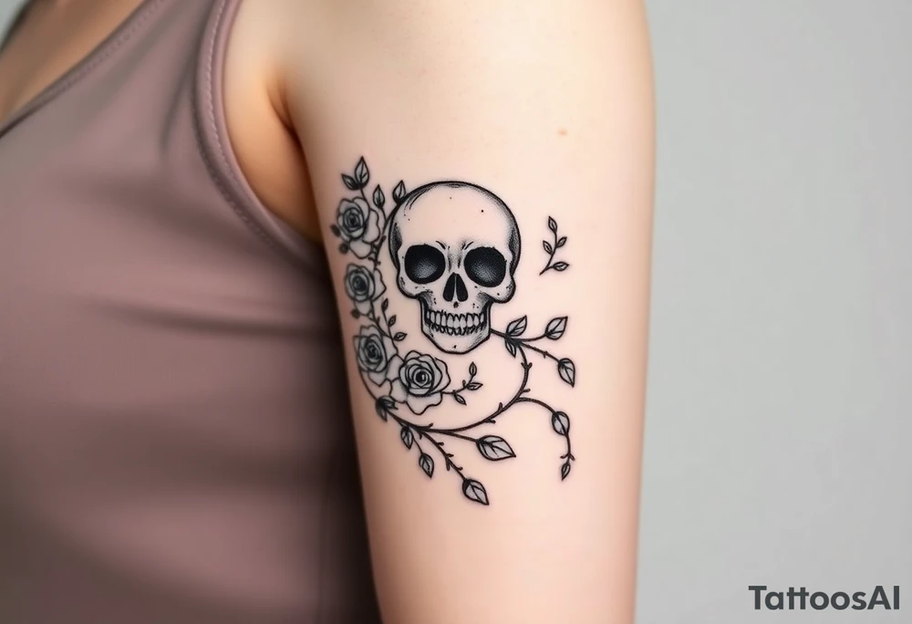 gothic skull intertwined with climbing roses and thorny vines tattoo idea