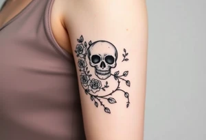 gothic skull intertwined with climbing roses and thorny vines tattoo idea