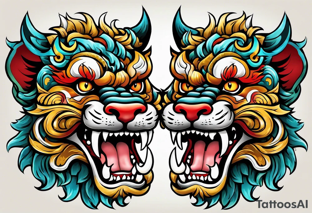 Okinawa style twin shisa dogs, one with open mouth, one with closed mouth, chest/pecs, Yakuza style, old school tattoo idea