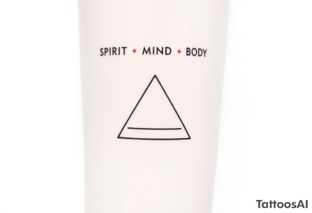 A minimalist tattoo of three interlocking triangles arranged in a way that forms a geometric symbol. Each triangle is thinly outlined and overlaps slightly. Above the design, the words 'SPIRIT,' 'MIND,' and 'BODY' are written in simple font, representing the connection between these three concepts. The tattoo is located on the inner forearm and is drawn in black ink on a light skin tone background. Without text!

Without text!
Without text!
Without text! tattoo idea