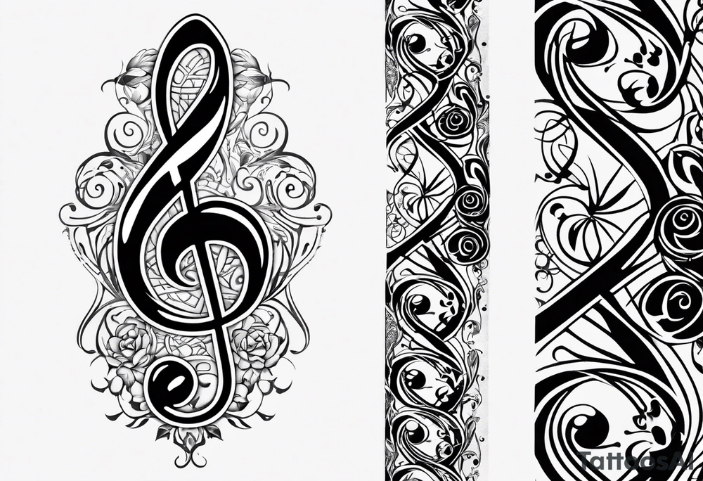 Celtic styling, anchor, bass clef note, treble clef note, dog paw print, half sleeve, forearm tattoo idea