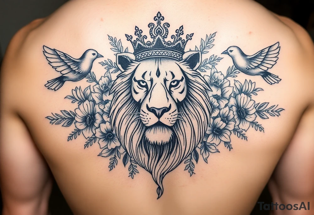 powerful majestic lion with a crown, surrounded by floral ornaments and birds tattoo idea