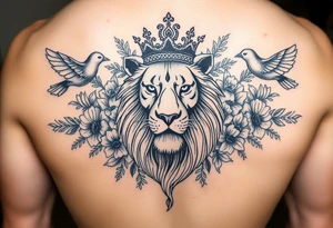 powerful majestic lion with a crown, surrounded by floral ornaments and birds tattoo idea