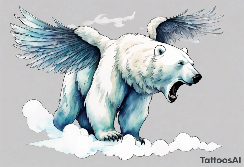 a winged polar bear, standing on clouds blowing wind from his mouth tattoo idea