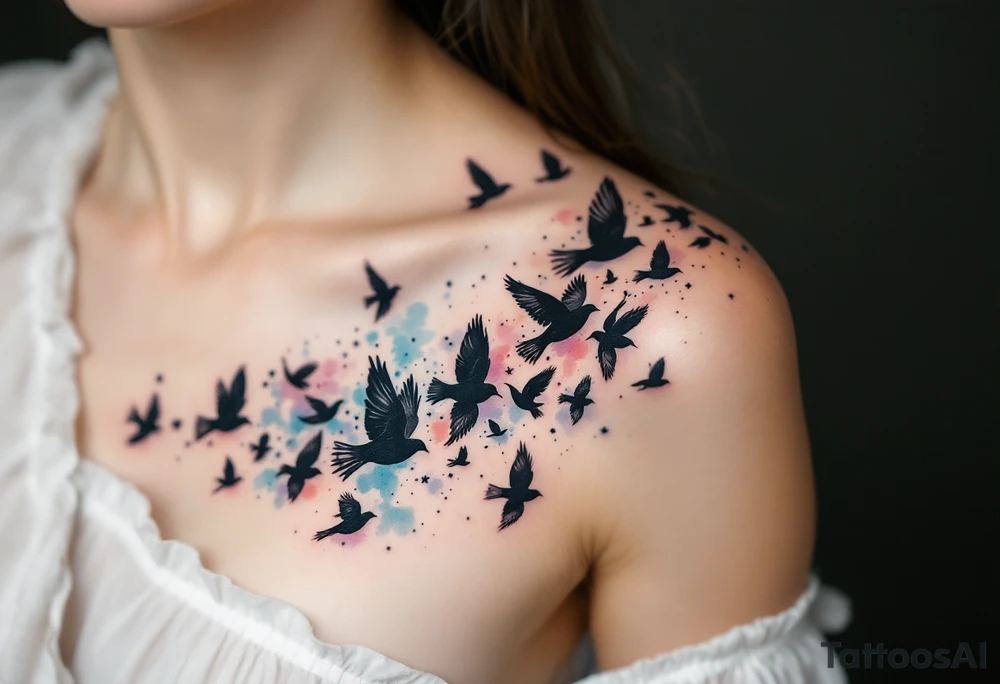 A flock of black birds soaring from the shoulder to the collarbone, symbolizing the journey to freedom. tattoo idea