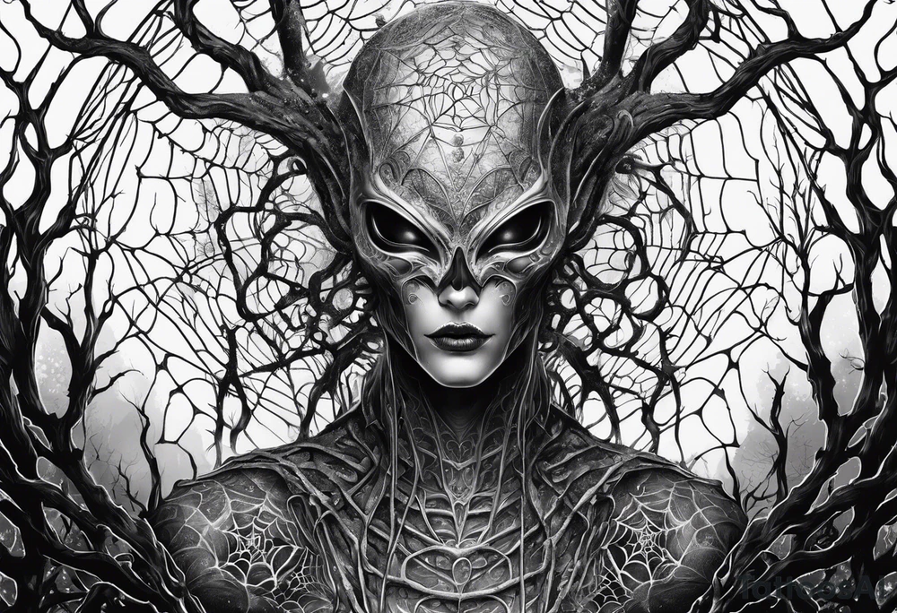 Alien surrounded by spiderwebs and dead trees tattoo idea Alien surrounded by spiderwebs and dead trees tattoo idea