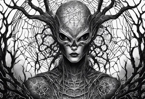 Alien surrounded by spiderwebs and dead trees tattoo idea
