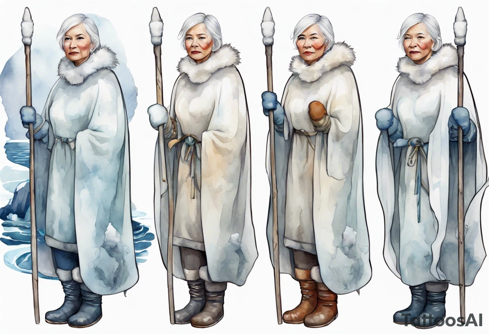 a middle aged Inuit woman with white hair, wearing mittens, wearing a white cloak, holding a white staff, wearing mukluks, standing on an iceberg in the sea tattoo idea