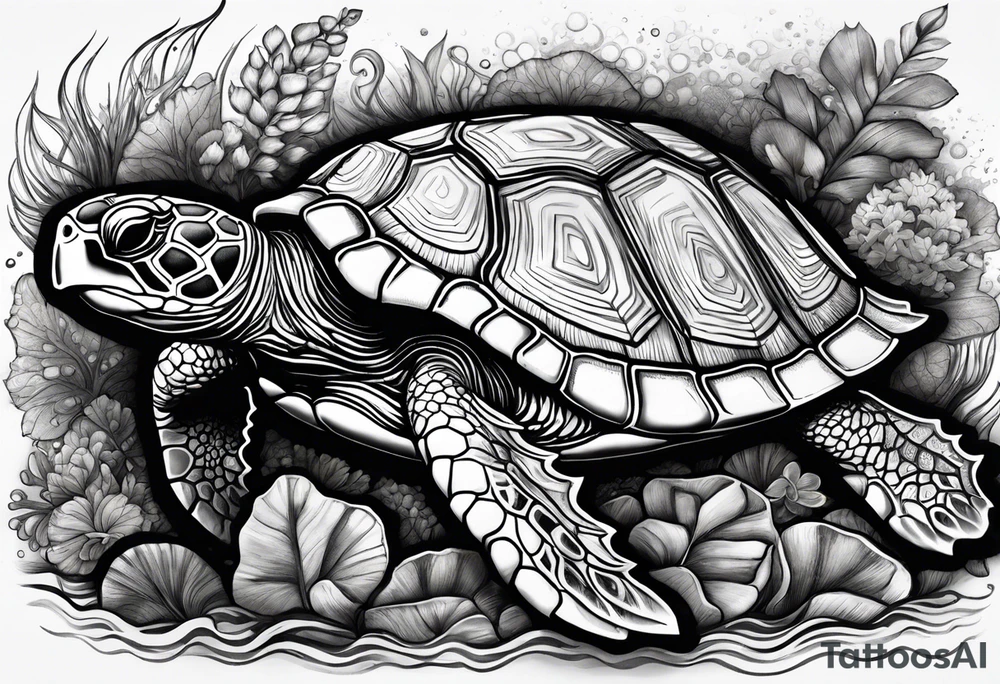 A serene turtle swimming underwater, detailed shell patterns visible, symbolizing patience and longevity.” tattoo idea