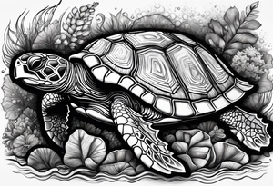 A serene turtle swimming underwater, detailed shell patterns visible, symbolizing patience and longevity.” tattoo idea