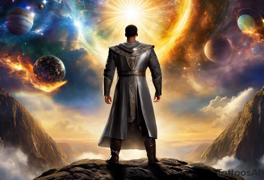 Jehovah looking out at the marvels of his creation from the atoms to the galaxy and celestial beings. With grey wash and a fantasy theme. Jehovah has to be a character who is so majestic, charismatic, immensely powerful. There isnt a single thing he isnt capable of doing. Infinitely powerful forward facing. Without the pagan styled attire and without the pagan symbols etcetera tattoo idea