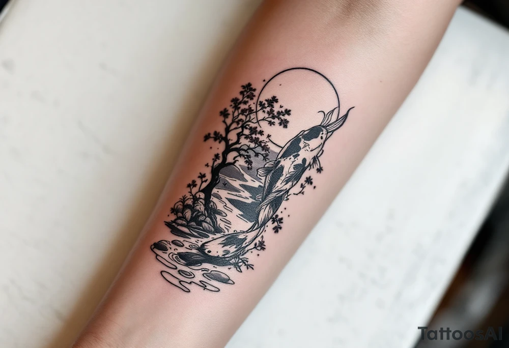 a koi fish swimming upstream in a pond moonlight by the full moon with a sakura tree by the pond tattoo idea