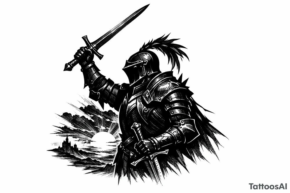 Silhouette of a knight in ornate armor, sword raised, against a fiery sunset. tattoo idea