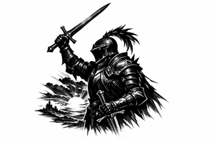 Silhouette of a knight in ornate armor, sword raised, against a fiery sunset. tattoo idea