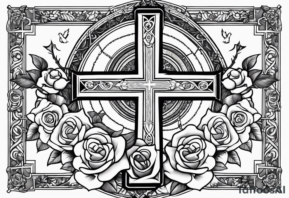 Forearm:Cross with roses and doves around it with proverbs 3:5 in side cross tattoo idea