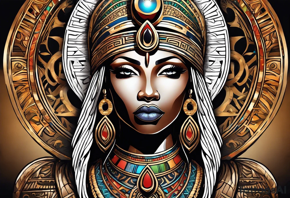 African Goddess wearing the eye of Horus and Ankh symbol tattoo idea