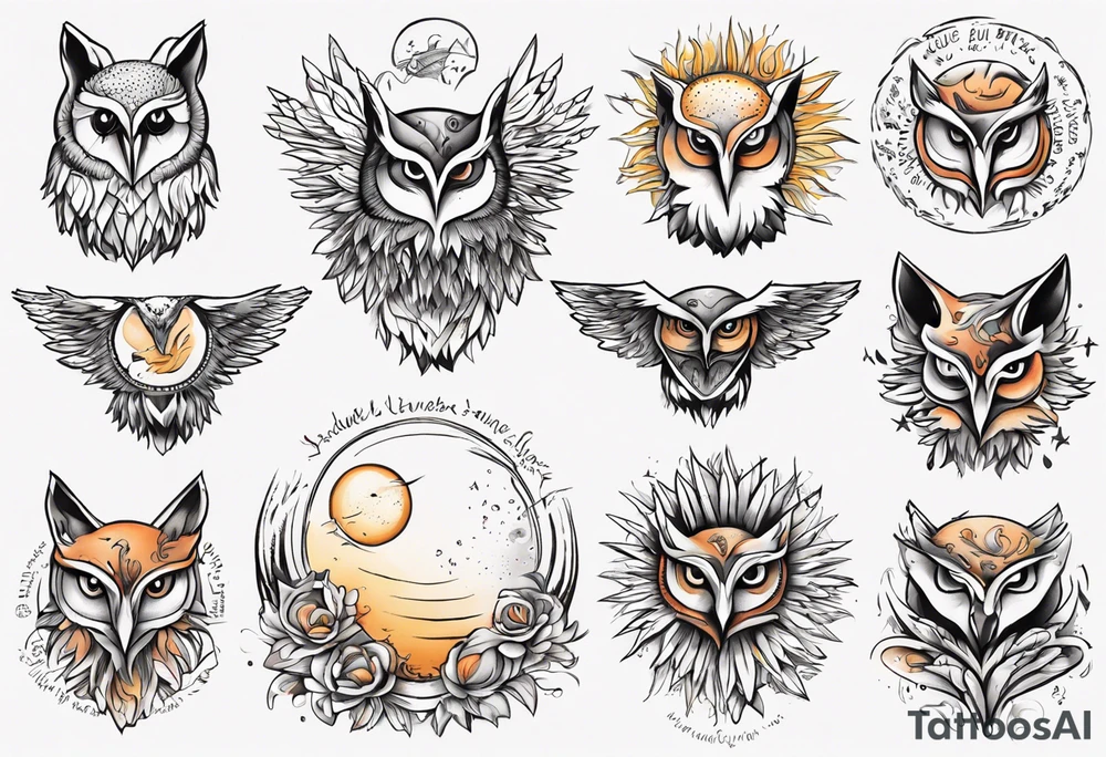 halb 
Fuchs halb Eule unter der Sonne mit dem Schriftzug Sapere Aude tattoo idea