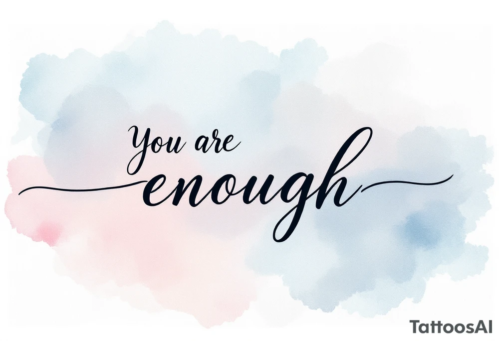 “You are enough” in dusty rose with a faint watercolor background of pastel blues and pinks. tattoo idea