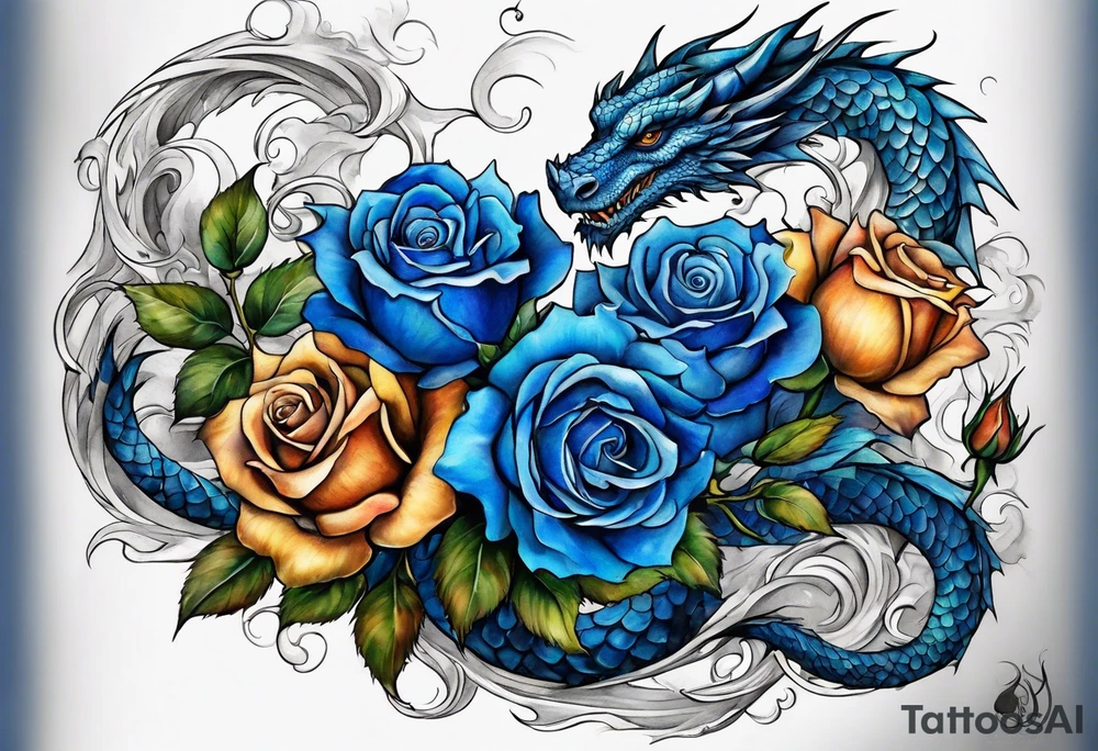 bouque of blue roses and dragons tattoo idea