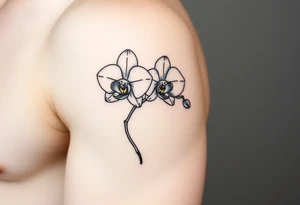 A delicate, black and white fine-line tattoo for make, featuring a gracefully detailed orchid stem with two flowers in full bloom, with soft, intricate petals and elegant curves tattoo idea