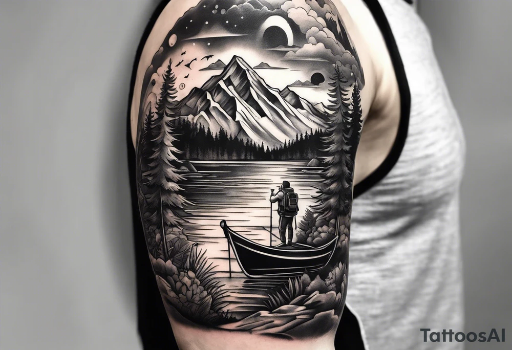 a half sleeve depicting a lifestyle of travel, family, hiking, mountains, and scuba diving tattoo idea