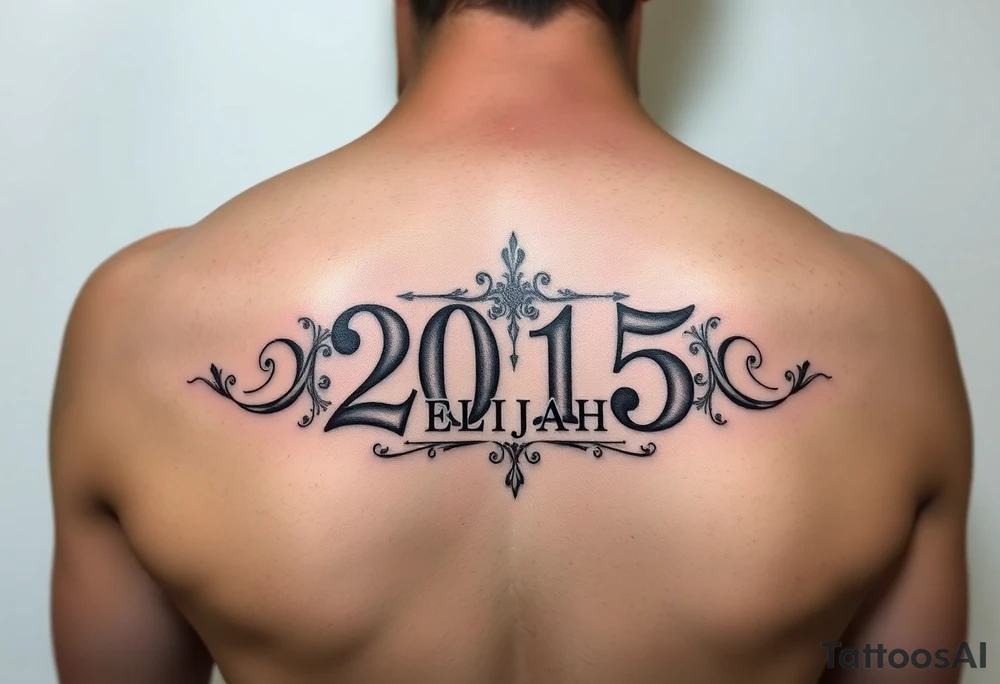 a powerful majestic set of ROMAN NUMERALS equalling the year 2015, with an elegant name of ELIJAH placed within the center of the roman numerals tattoo idea